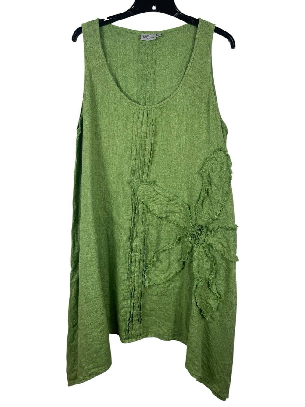Cheyenne Linen Tunic Tank Dress L XL Green Handkerchief Floral Applique Artsy